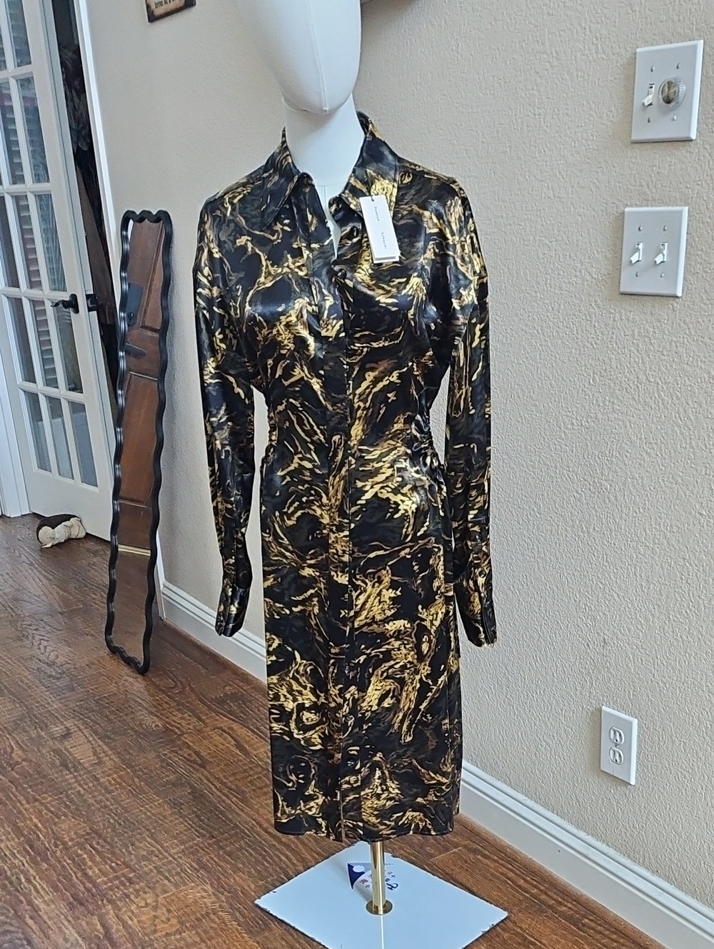 Proenza Schouler Black and Gold Marble-Print Long Sleeve Shirt Dress NWT